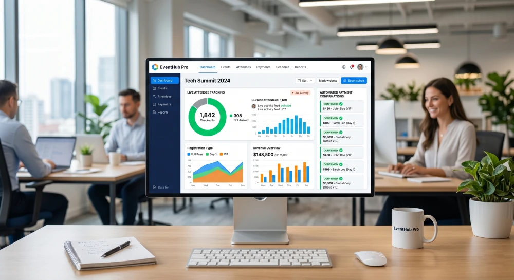 event planning automation tools A modern event management system dashboard showing live registration data and insights