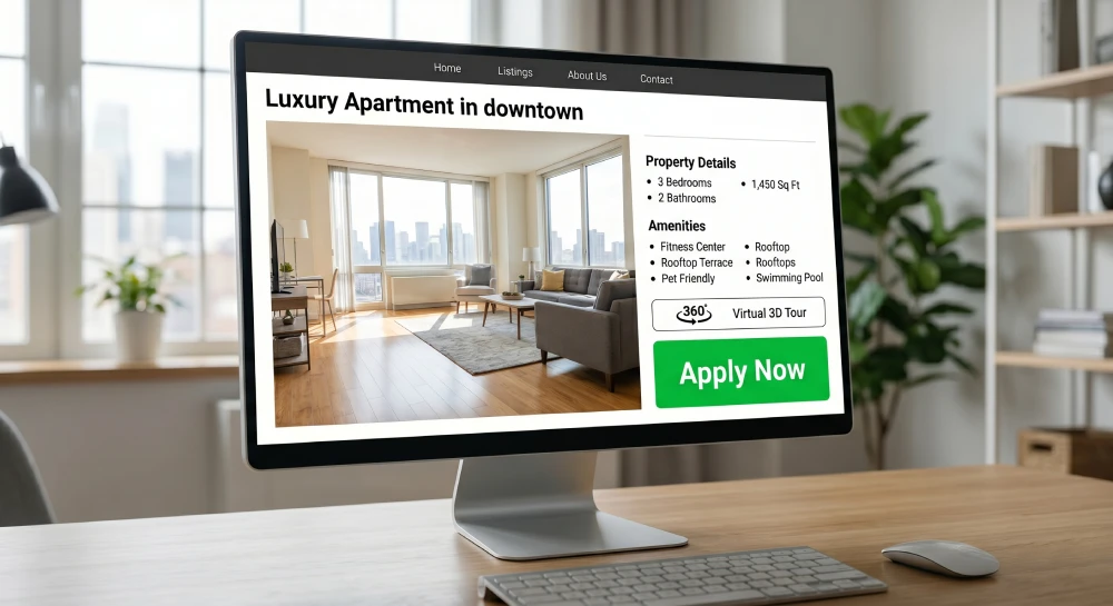 property management software features A modern property management website displaying live vacancy listings and virtual apartment tours.