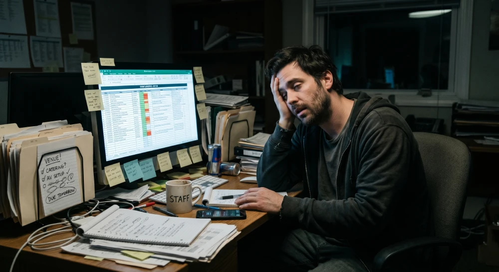 event management software benefits An overwhelmed event organizer struggling with manual spreadsheets and registration lists late at night