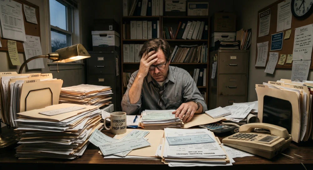 property management website features 2026 A property manager overwhelmed by paperwork, highlighting the need for automated rental software.
