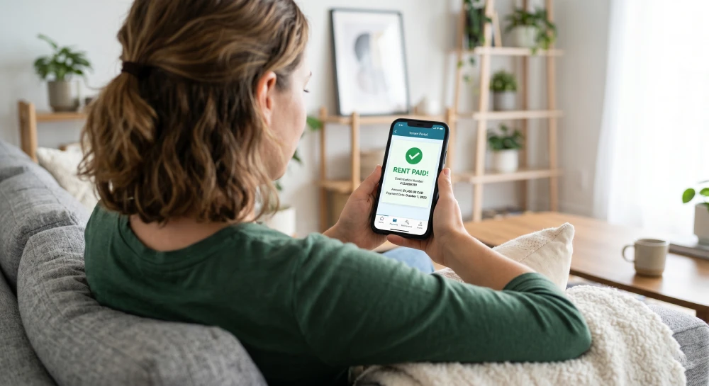 property management website development A tenant successfully paying rent online using a mobile-friendly property management portal.