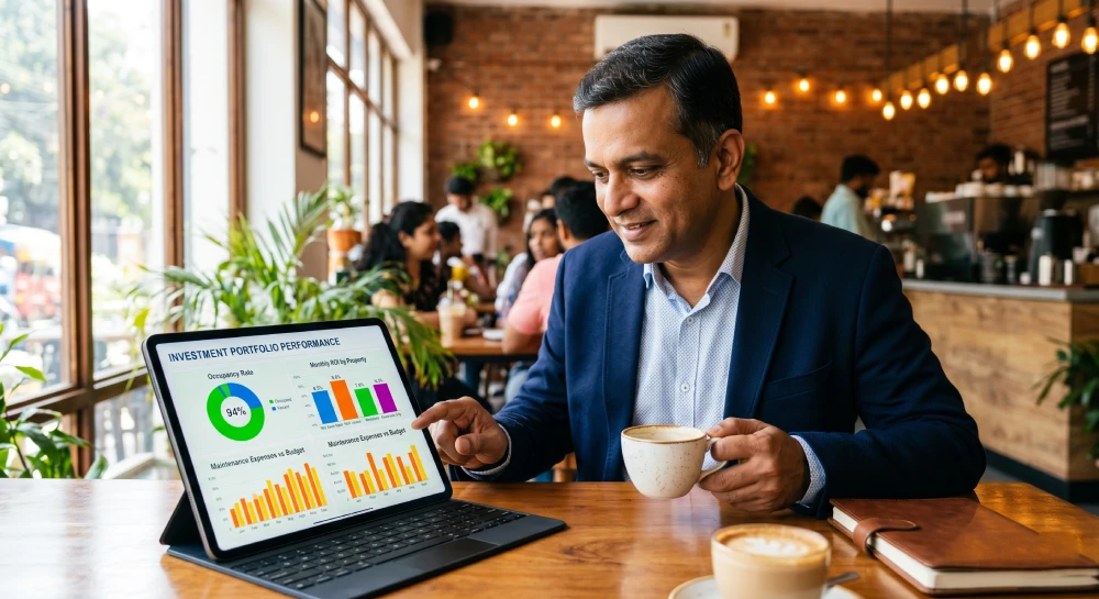 real estate management website A property owner checking their investment returns and occupancy rates on a custom investor portal.