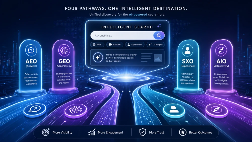 An infographic illustrating the evolution of SEO into AEO, GEO, SXO, and AIO for modern search engines.