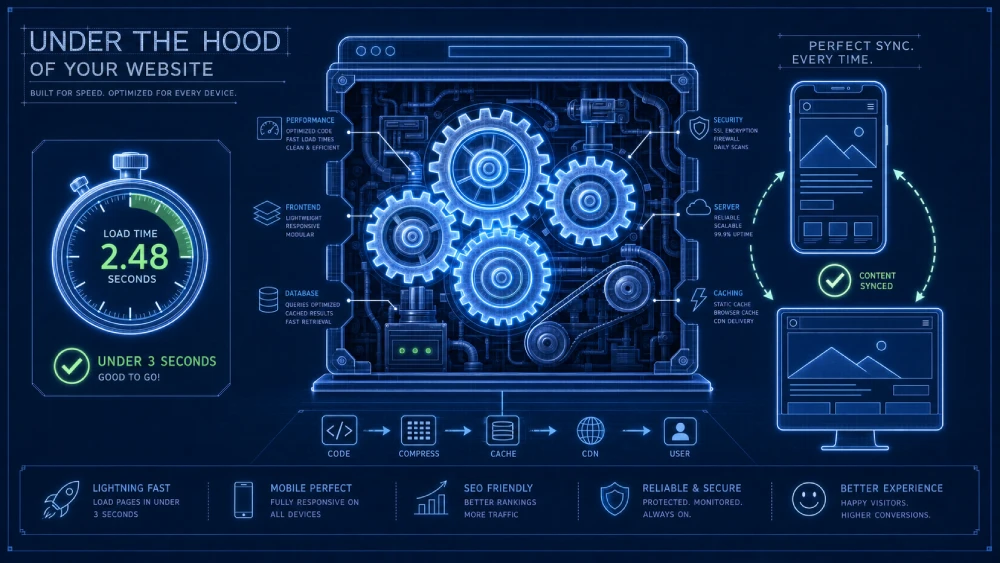 A visual representation of Technical SEO, highlighting the importance of fast loading speeds, Core Web Vitals, and mobile optimization.